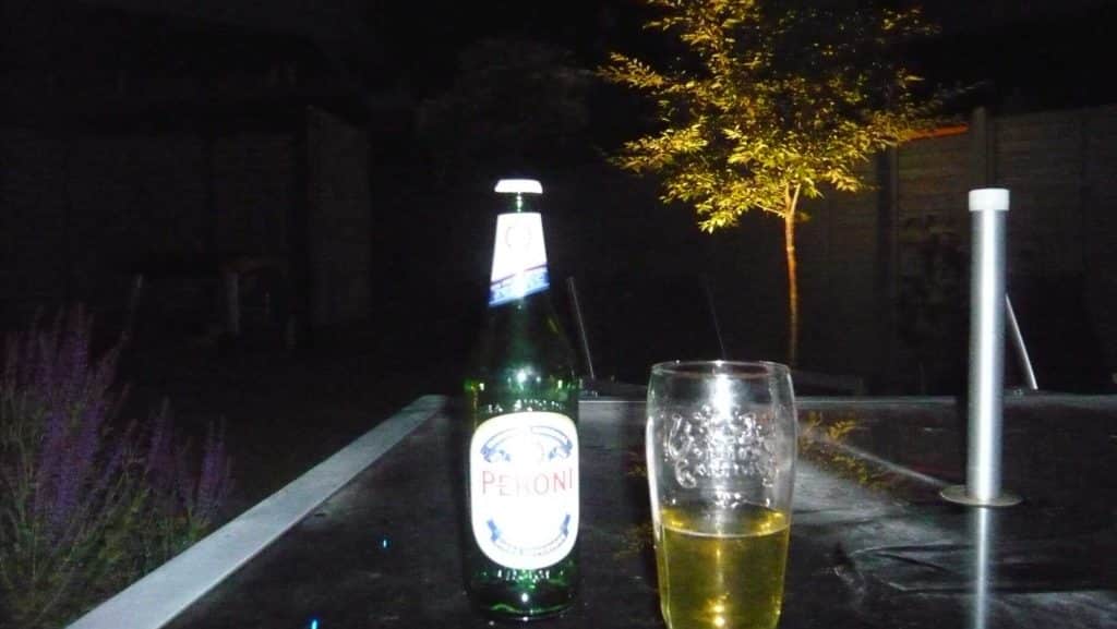 pint of beer on a garden table with a beautiful ornamental tree in the background illuminated by garden lighting