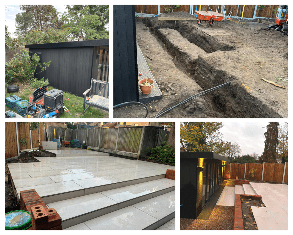 collage of sloping garden makeover by Holland Landscapes