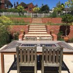 Formal terraced garden with red brick retaining walls and limestone steps