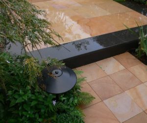 patio with contrasting paver design