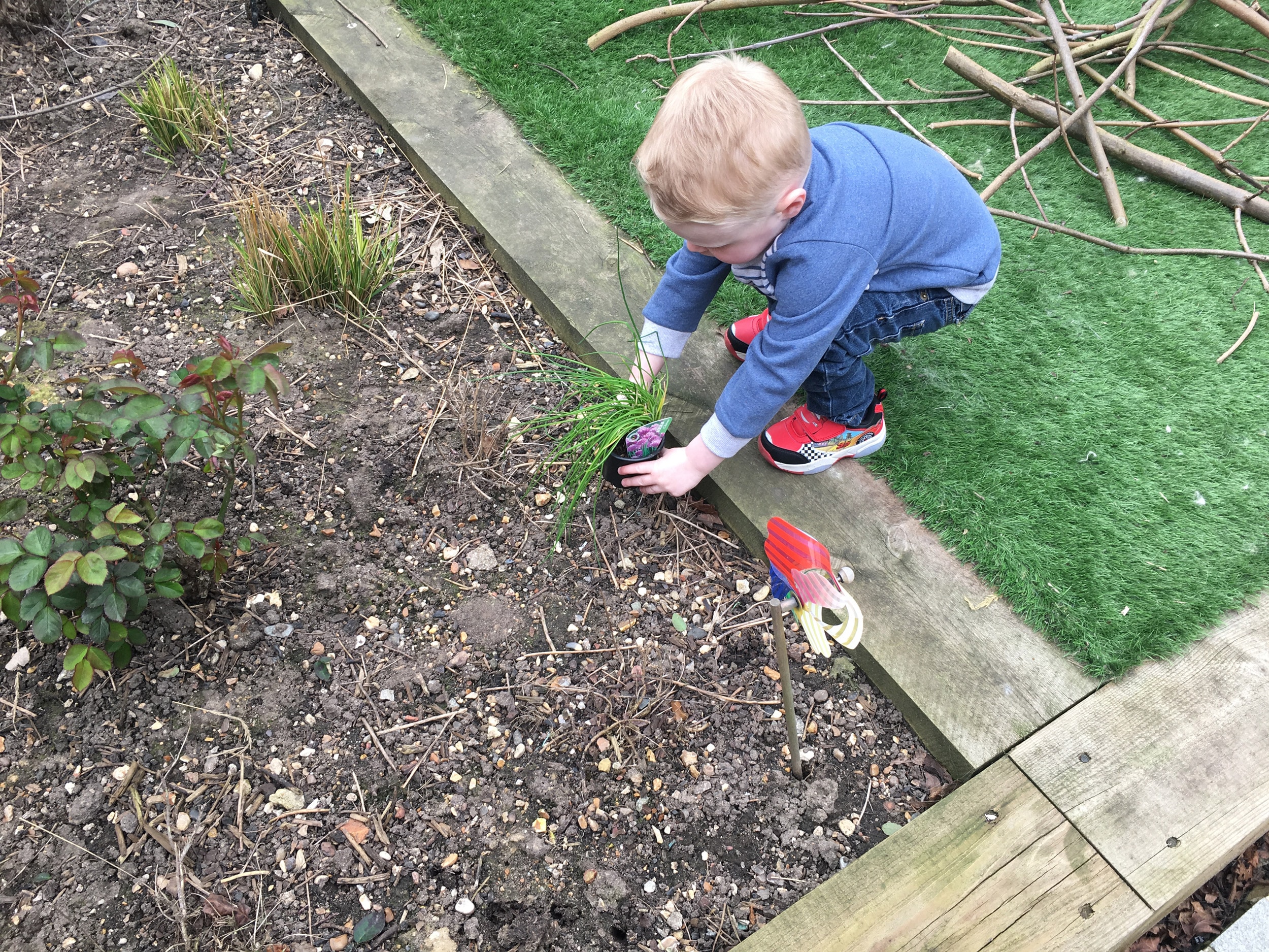 toddler planting herbs in the garden