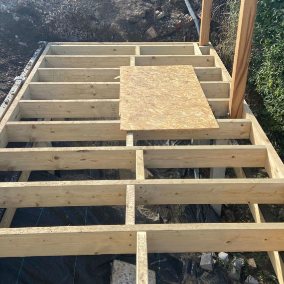 timber decking framework with balustrade posts in position